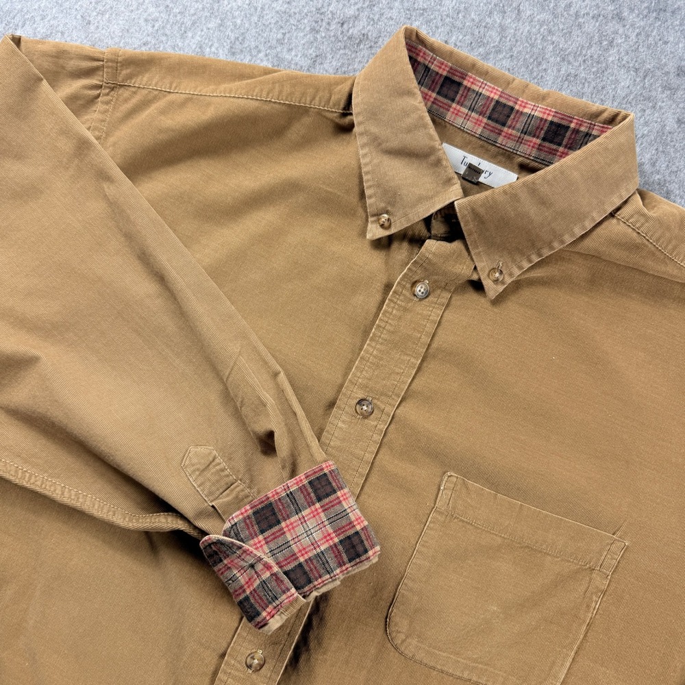 Turnbury‎ Mens XL Corduroy Button Down Shirt Tan Plaid Trim Long Sleeve Cotton